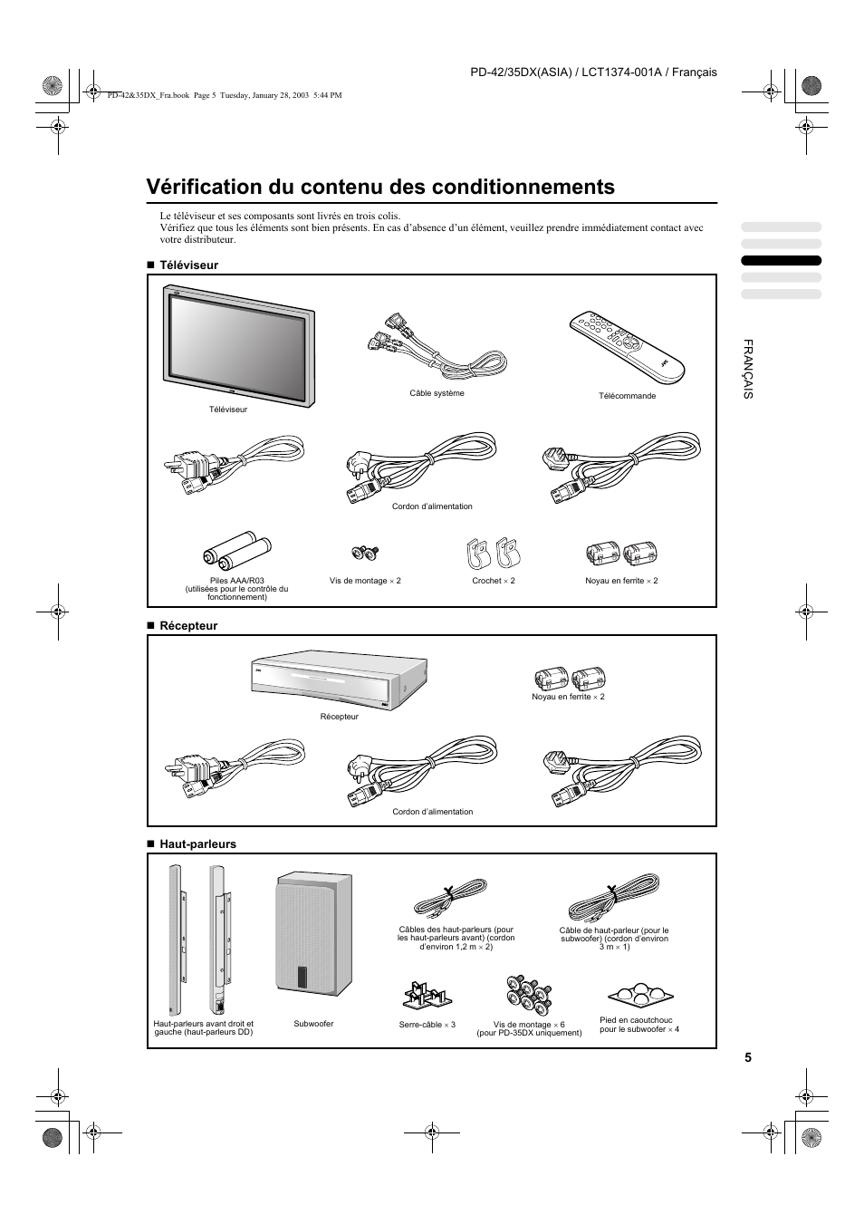 Vérification du contenu des conditionnements | JVC PD-35DX User Manual | Page 95 / 225