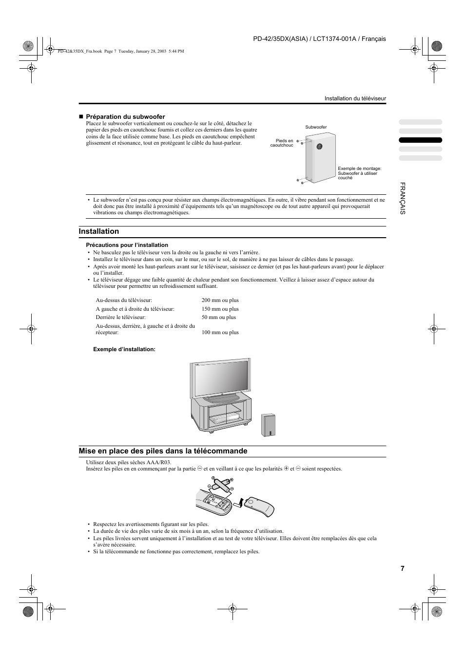 Installation, Mise en place des piles dans la télécommande | JVC PD-35DX User Manual | Page 97 / 225