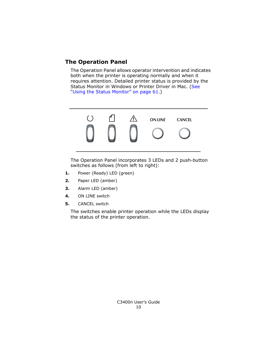 The operation panel | Oki C 3400n User Manual | Page 10 / 144