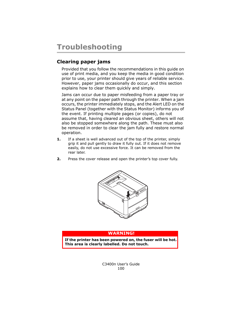 Troubleshooting, Clearing paper jams | Oki C 3400n User Manual | Page 100 / 144