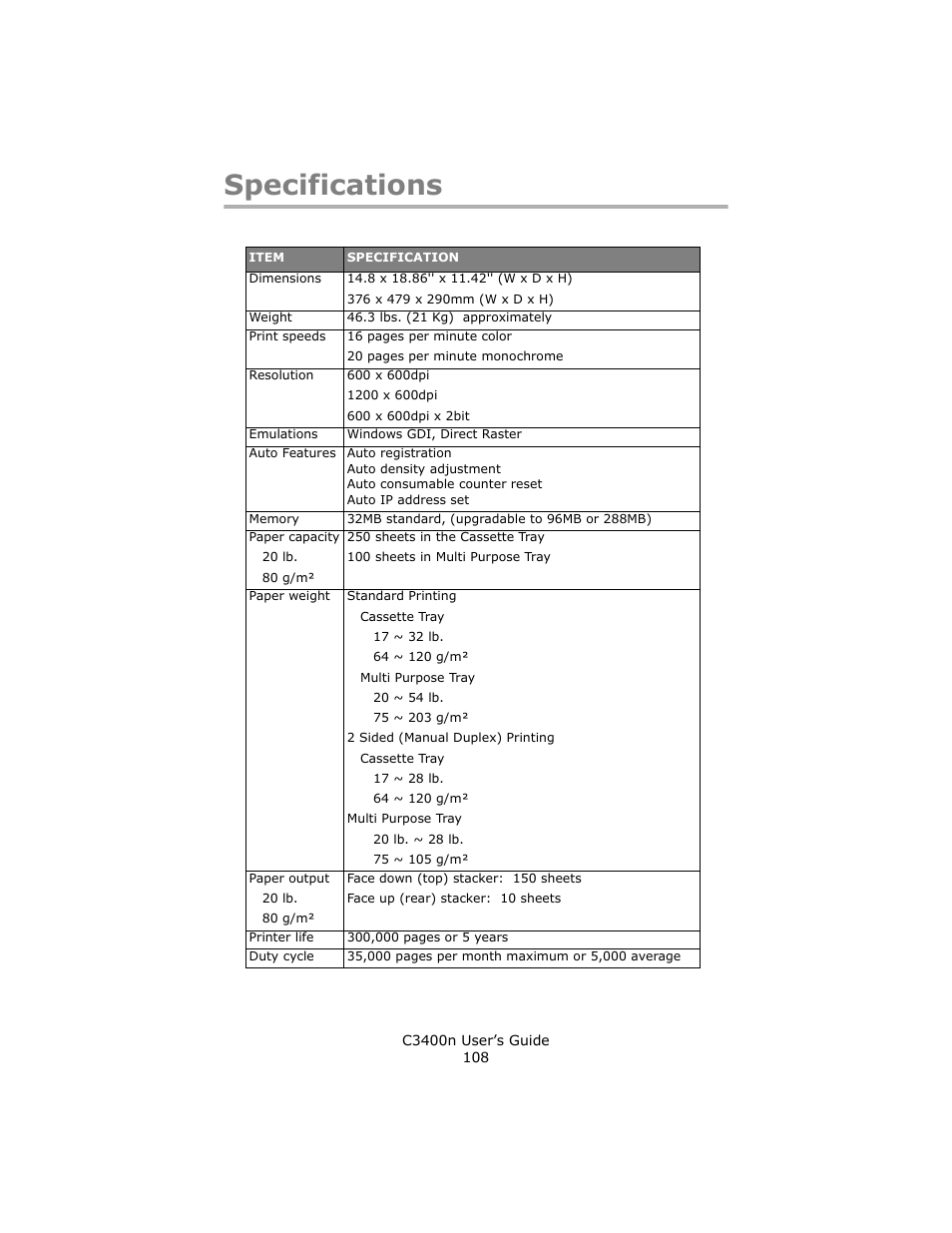 Specifications | Oki C 3400n User Manual | Page 108 / 144