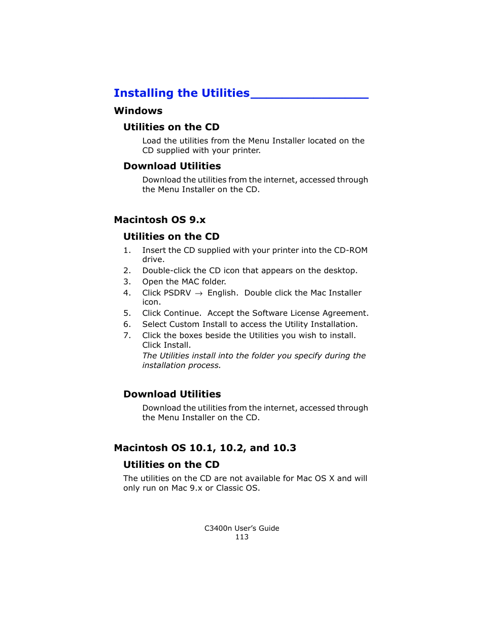 Installing the utilities, Windows, Utilities on the cd | Download utilities, Macintosh os 9.x, Macintosh os 10.1, 10.2, and 10.3 | Oki C 3400n User Manual | Page 113 / 144