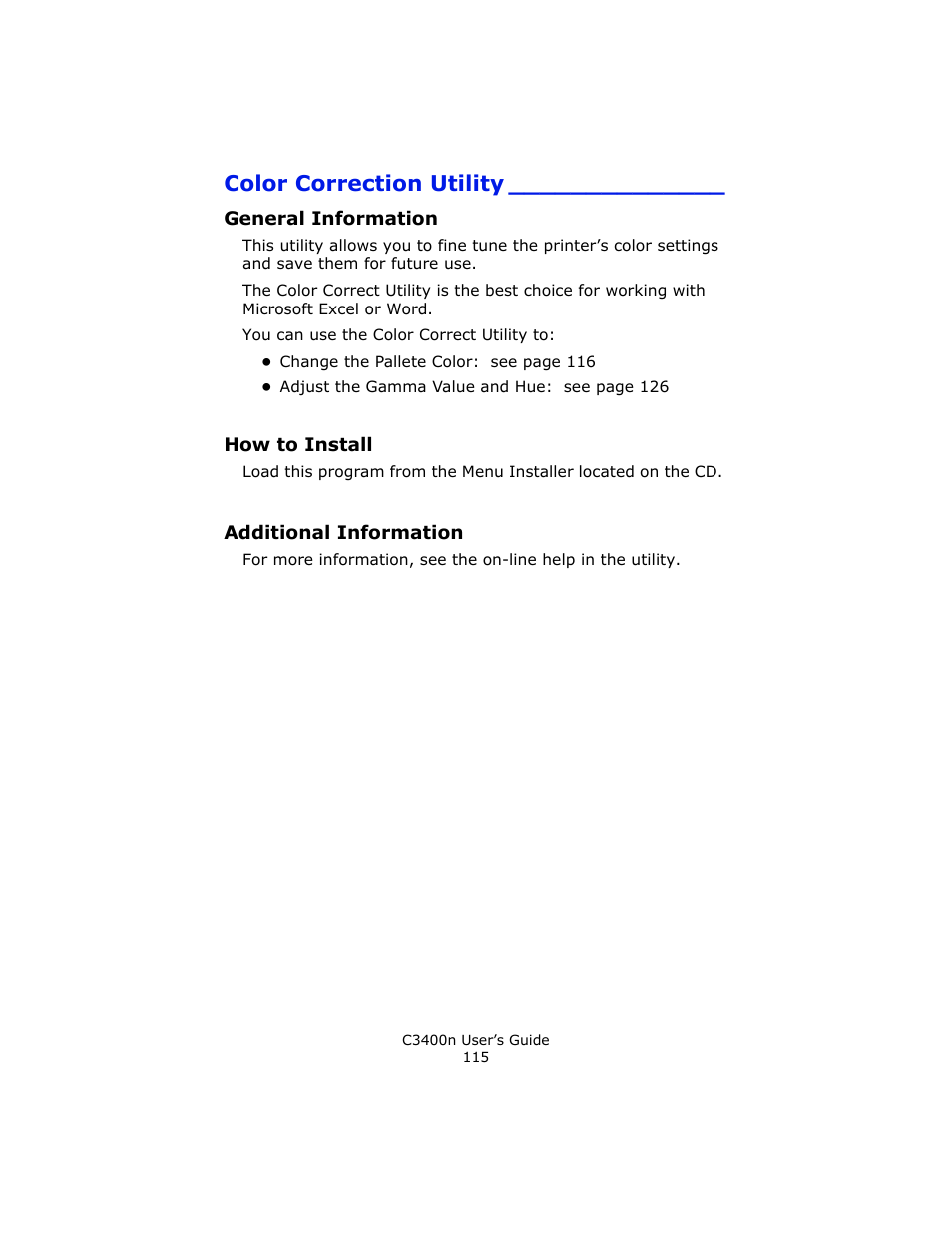 Color correction utility, General information, How to install | Additional information | Oki C 3400n User Manual | Page 115 / 144