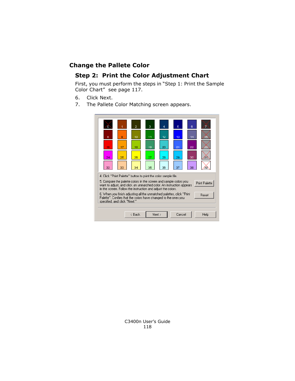 Step 2: print the color adjustment chart | Oki C 3400n User Manual | Page 118 / 144