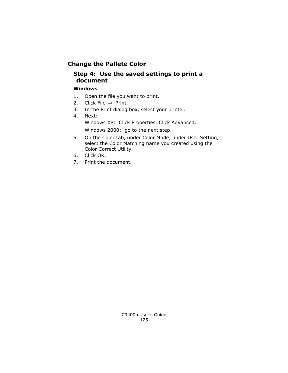 Step 4: use the saved settings to print a document | Oki C 3400n User Manual | Page 125 / 144