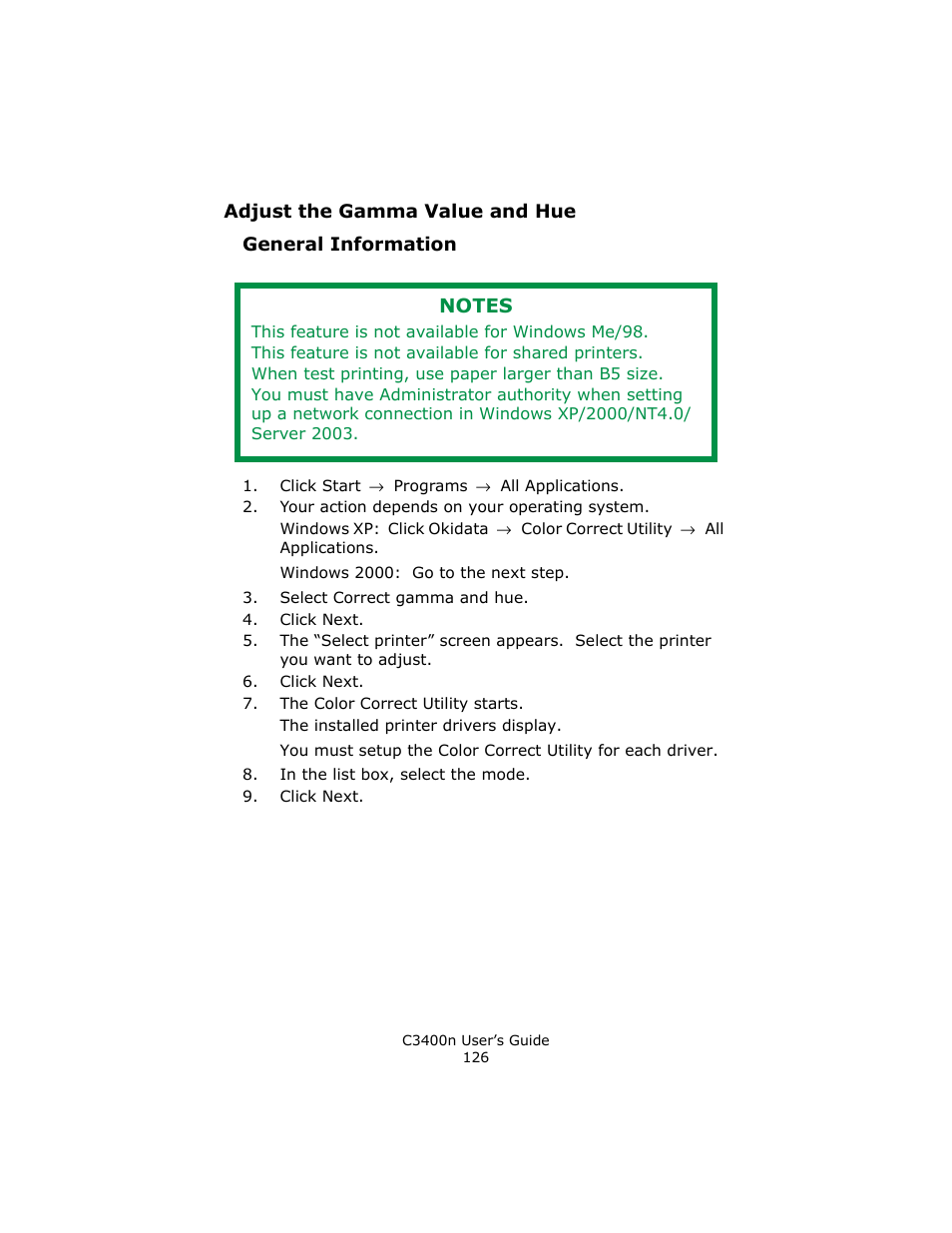 Adjust the gamma value and hue, General information | Oki C 3400n User Manual | Page 126 / 144