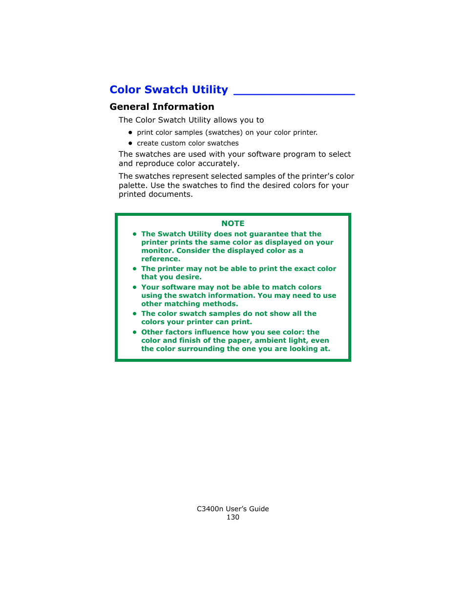 Color swatch utility, General information | Oki C 3400n User Manual | Page 130 / 144