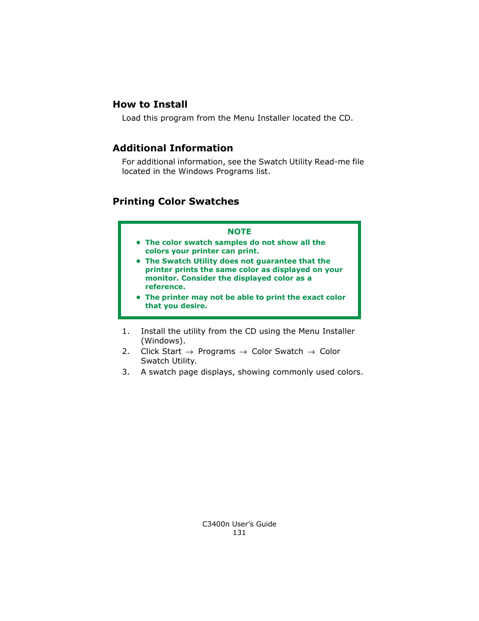 How to install, Additional information, Printing color swatches | Oki C 3400n User Manual | Page 131 / 144
