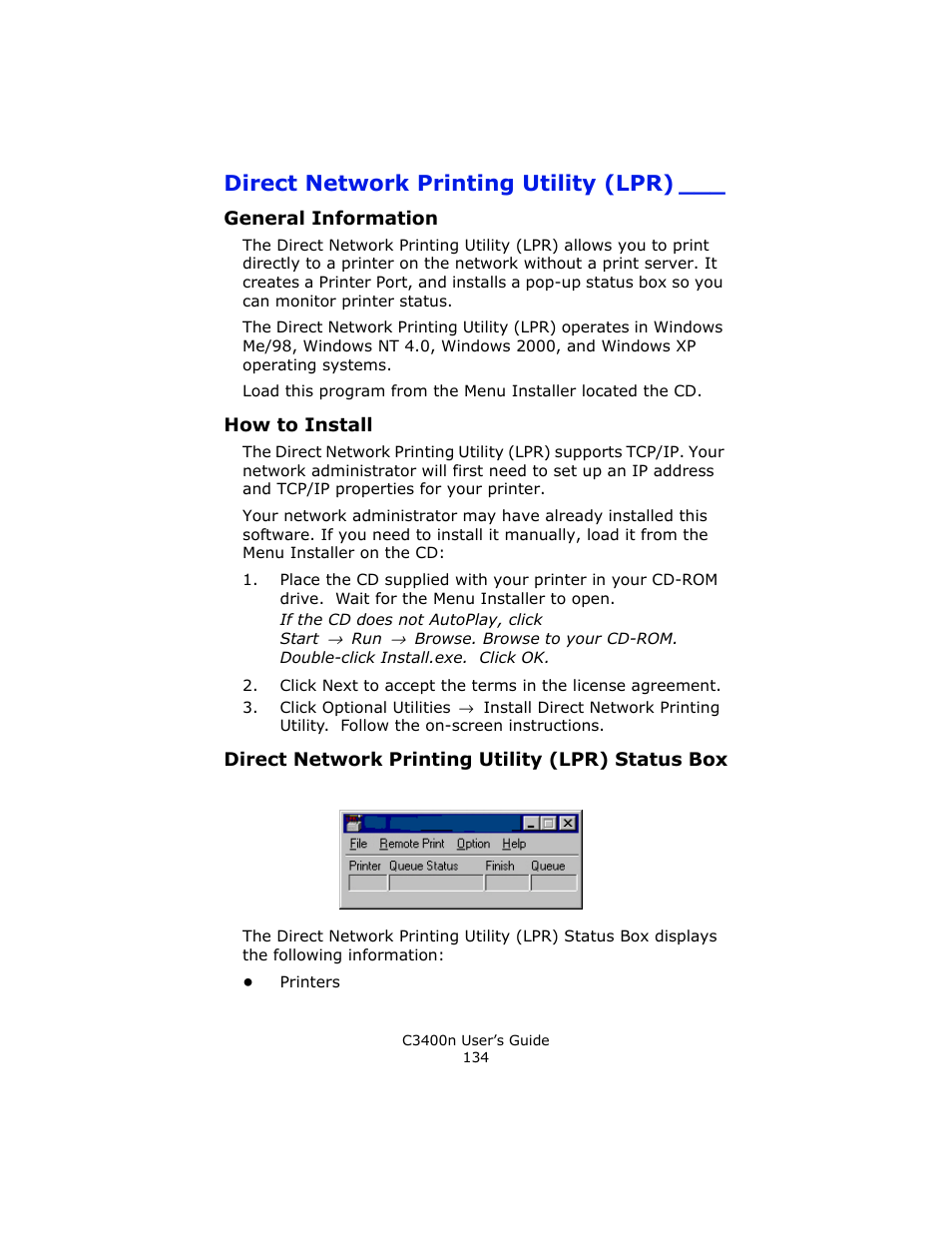 Direct network printing utility (lpr), General information, How to install | Direct network printing utility (lpr) status box | Oki C 3400n User Manual | Page 134 / 144