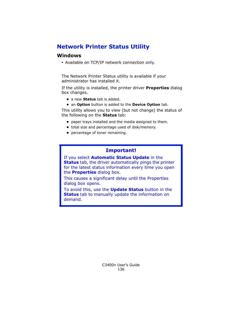 Network printer status utility, Windows | Oki C 3400n User Manual | Page 136 / 144