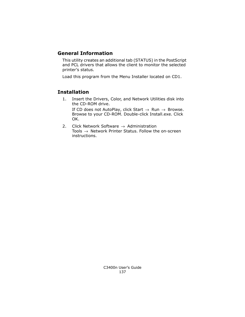 General information, Installation | Oki C 3400n User Manual | Page 137 / 144