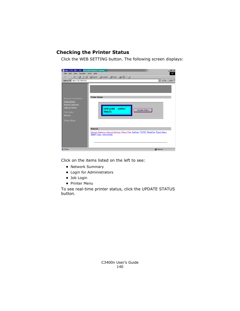 Checking the printer status | Oki C 3400n User Manual | Page 140 / 144