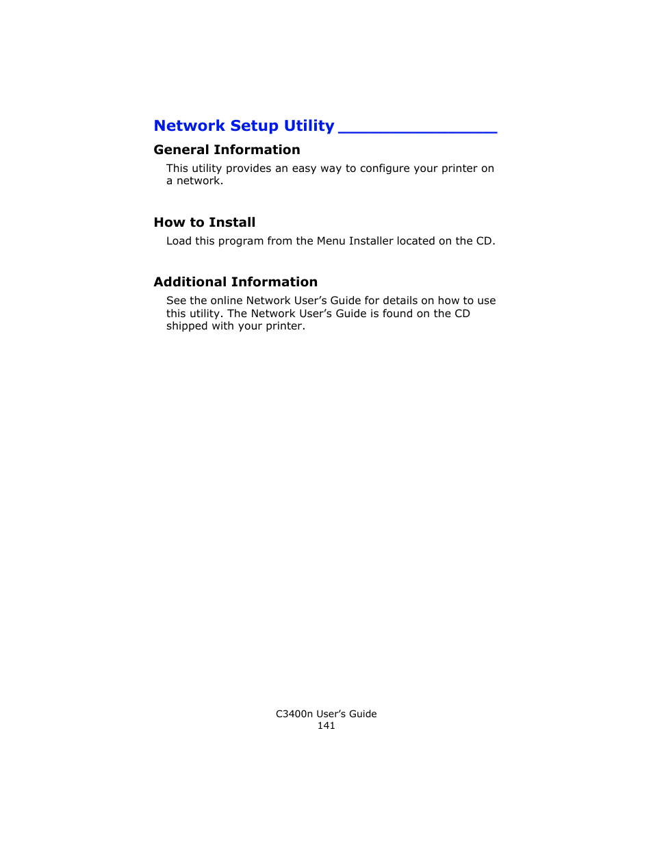 Network setup utility, General information, How to install | Additional information | Oki C 3400n User Manual | Page 141 / 144