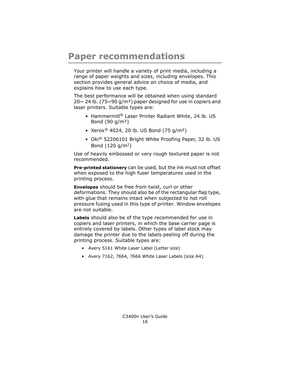 Paper recommendations | Oki C 3400n User Manual | Page 16 / 144