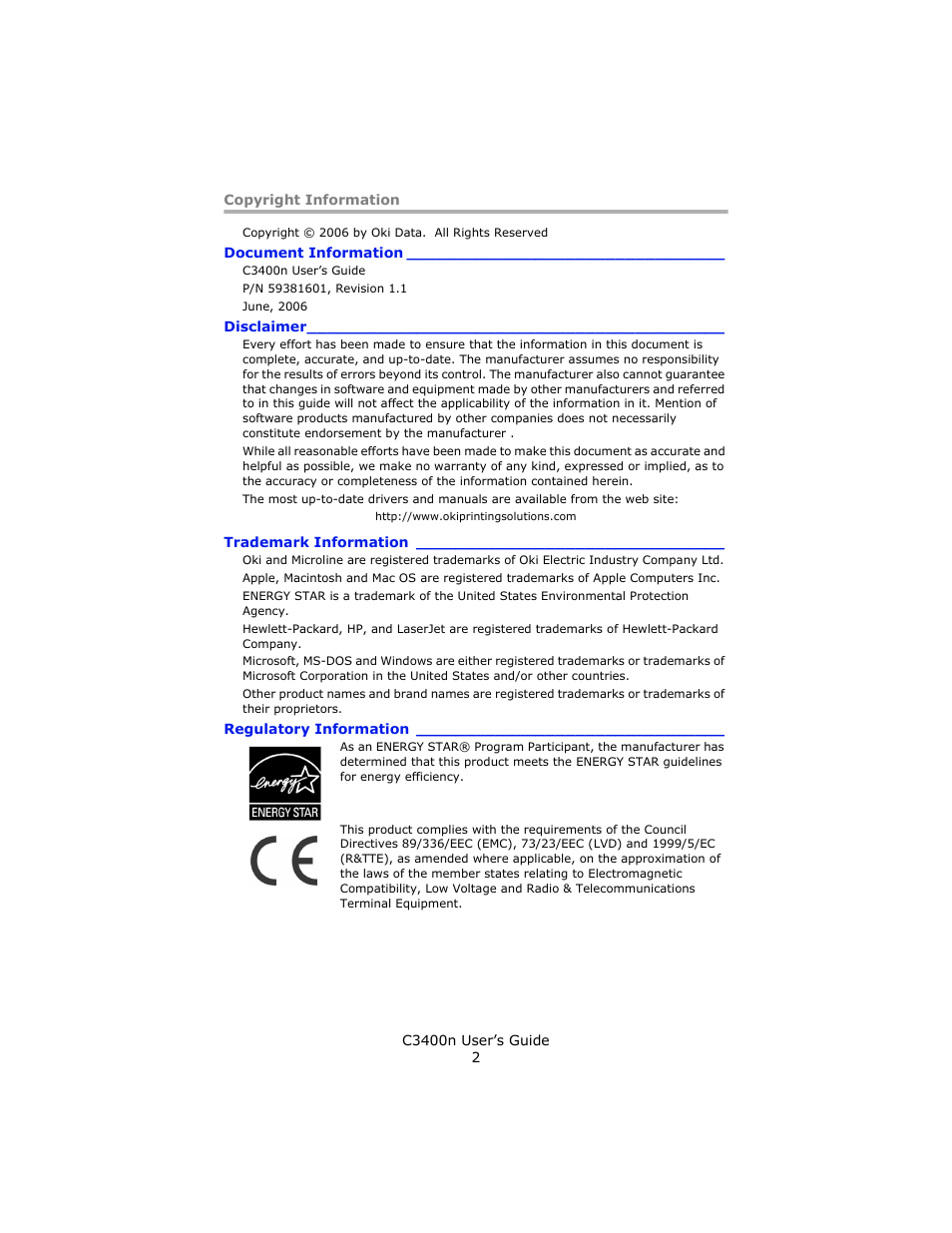 Copyright information, Document information, Disclaimer | Trademark information, Regulatory information | Oki C 3400n User Manual | Page 2 / 144