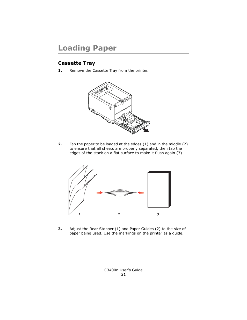 Loading paper, Cassette tray | Oki C 3400n User Manual | Page 21 / 144