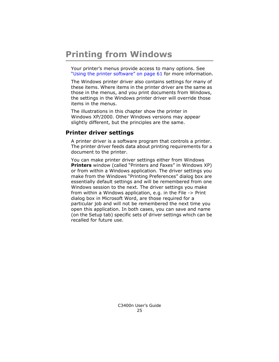 Printing from windows, Printer driver settings | Oki C 3400n User Manual | Page 25 / 144