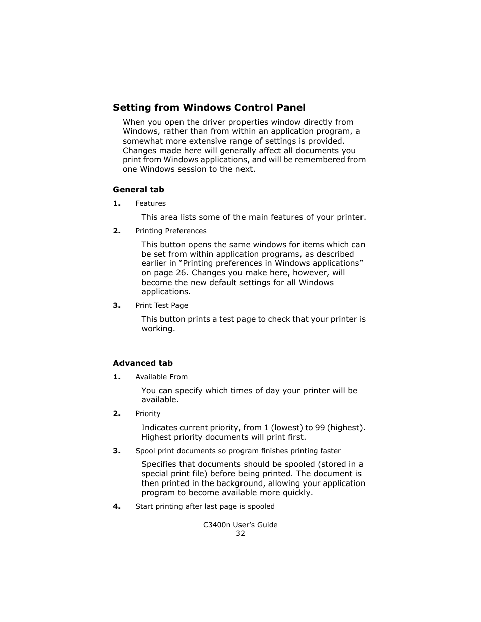 Setting from windows control panel, General tab, Advanced tab | Oki C 3400n User Manual | Page 32 / 144