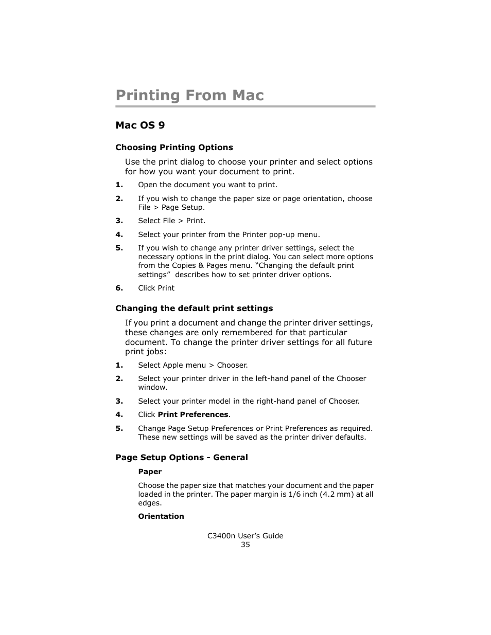 Printing from mac, Mac os 9, Choosing printing options | Changing the default print settings | Oki C 3400n User Manual | Page 35 / 144