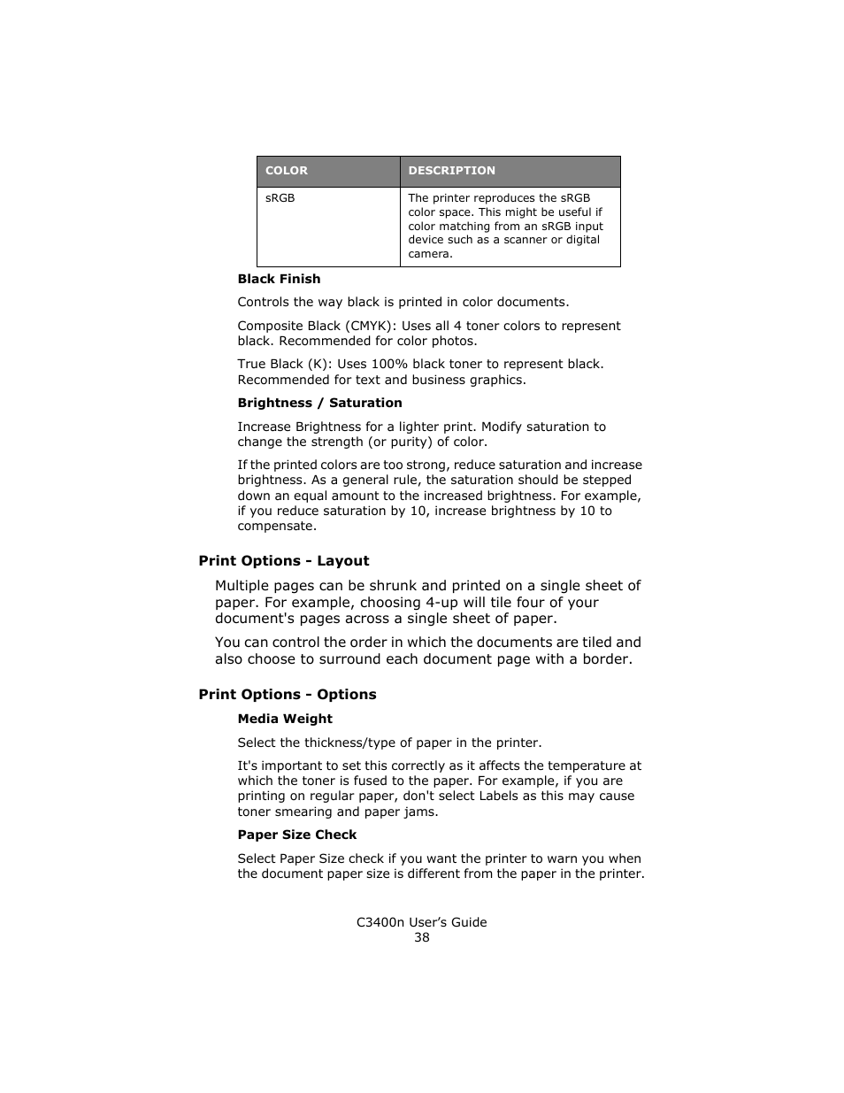 Print options - layout, Print options - options | Oki C 3400n User Manual | Page 38 / 144