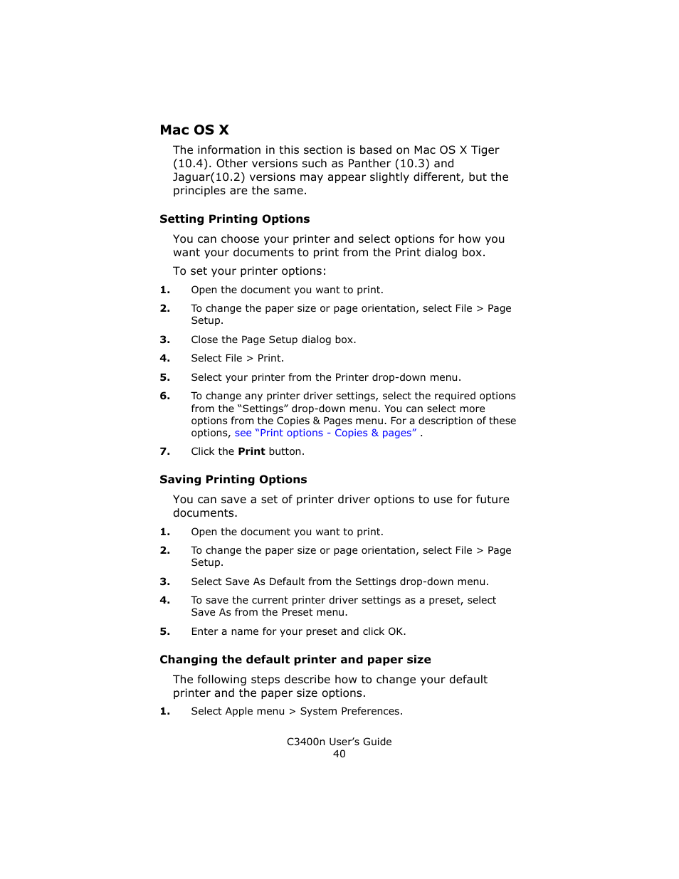 Mac os x, Setting printing options, Saving printing options | Changing the default printer and paper size | Oki C 3400n User Manual | Page 40 / 144