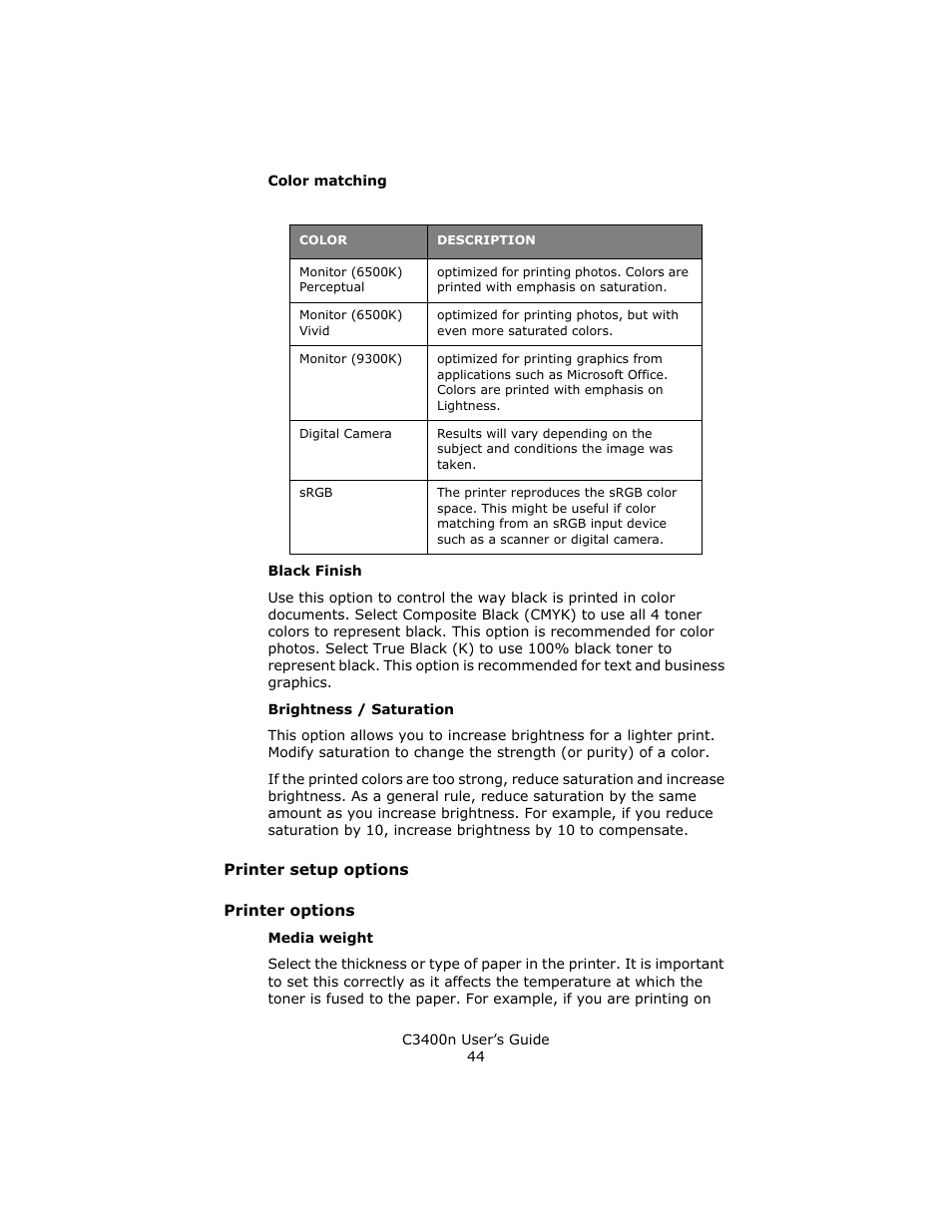 Printer setup options, Printer options | Oki C 3400n User Manual | Page 44 / 144