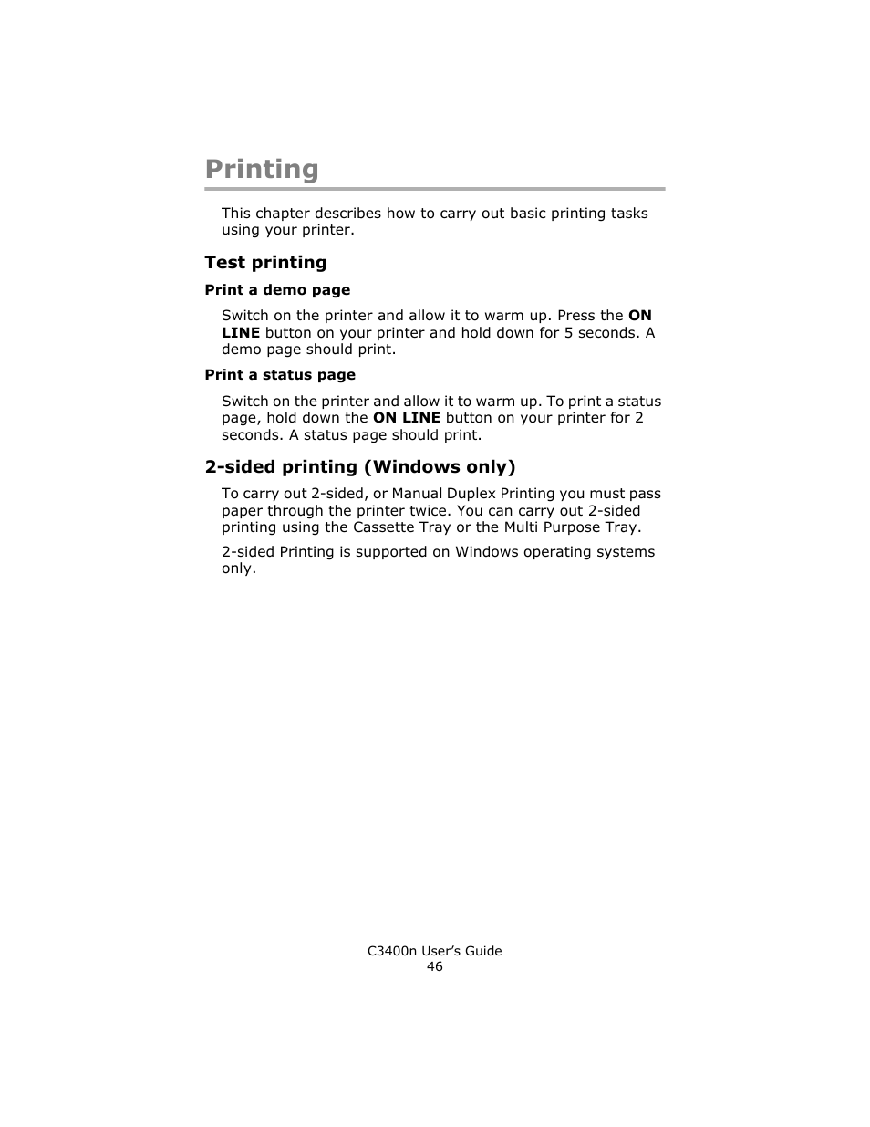 Printing, Test printing, Sided printing (windows only) | Test printing 2-sided printing (windows only) | Oki C 3400n User Manual | Page 46 / 144