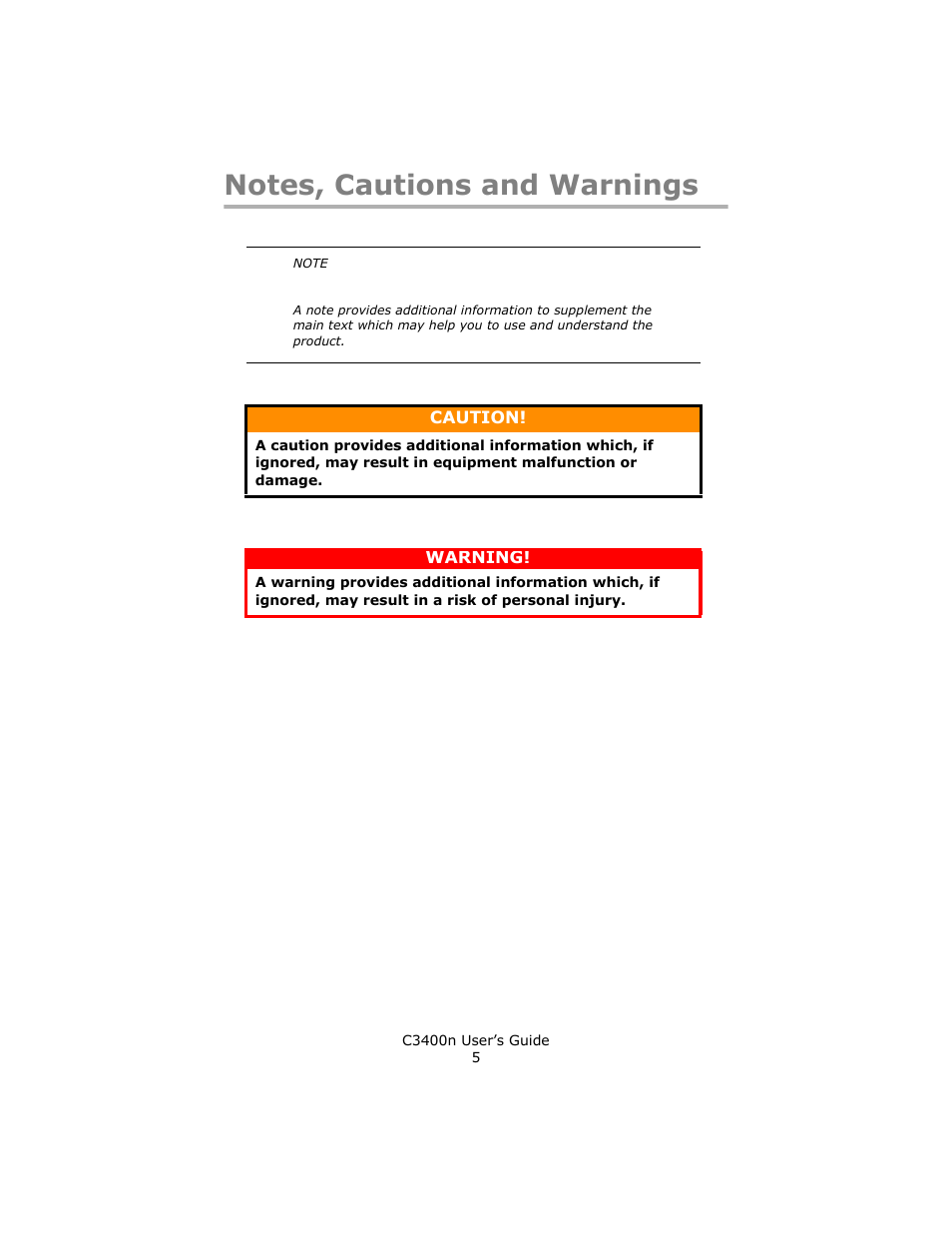Notes, cautions and warnings | Oki C 3400n User Manual | Page 5 / 144