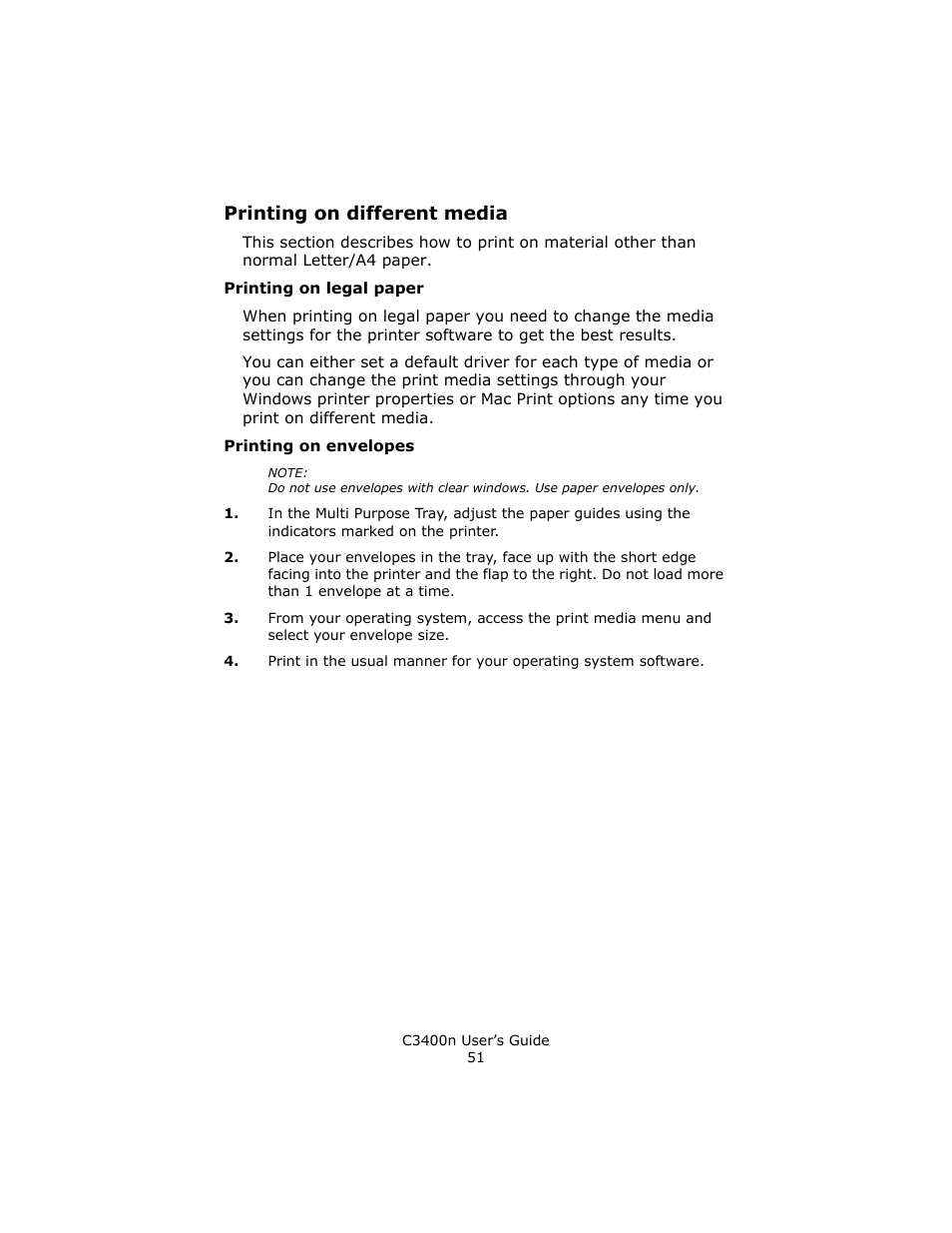 Printing on different media, Printing on legal paper, Printing on envelopes | Oki C 3400n User Manual | Page 51 / 144