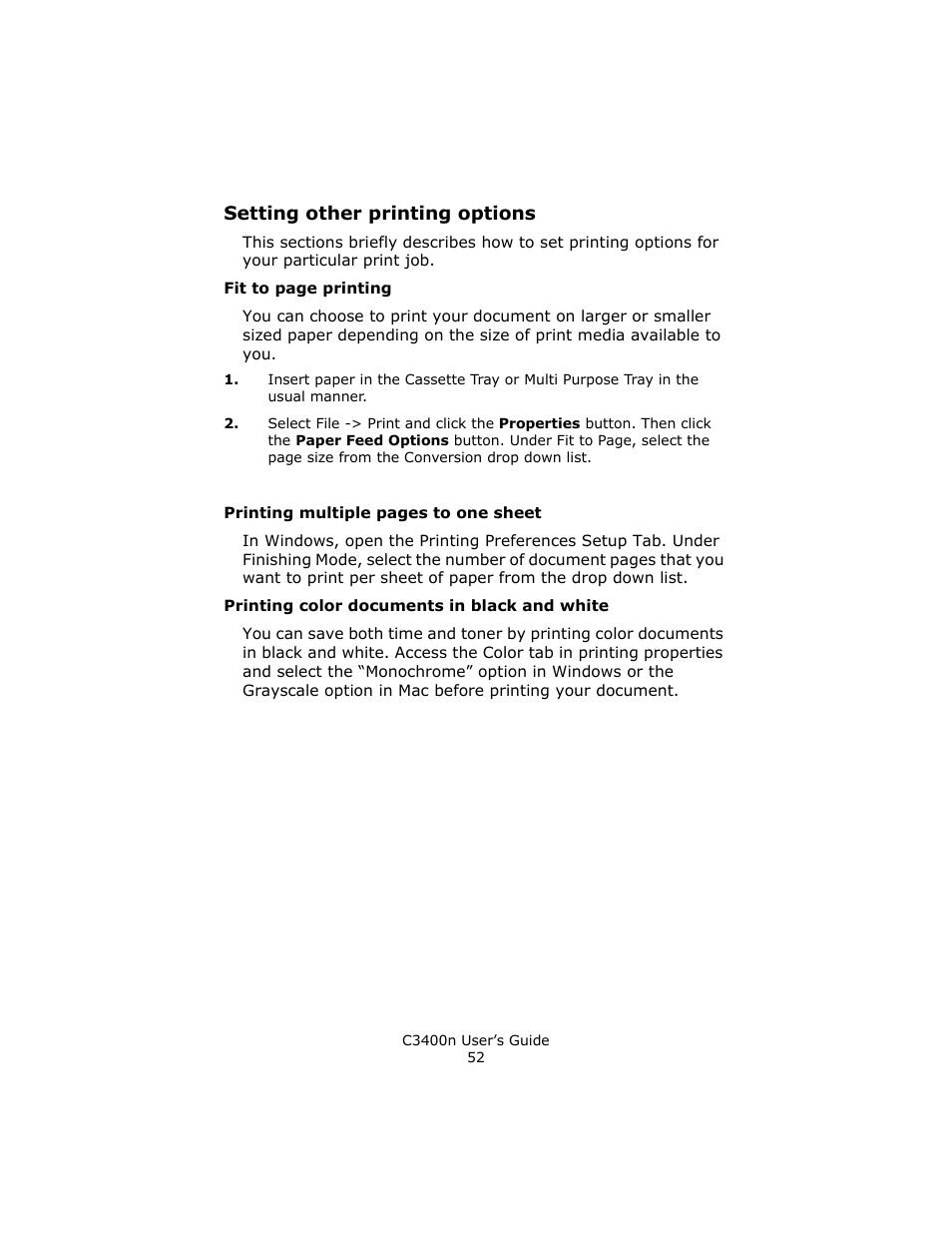 Setting other printing options, Printing color documents in black and white | Oki C 3400n User Manual | Page 52 / 144