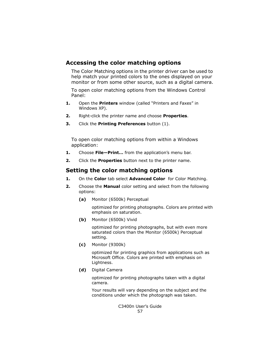 Accessing the color matching options, Setting the color matching options | Oki C 3400n User Manual | Page 57 / 144