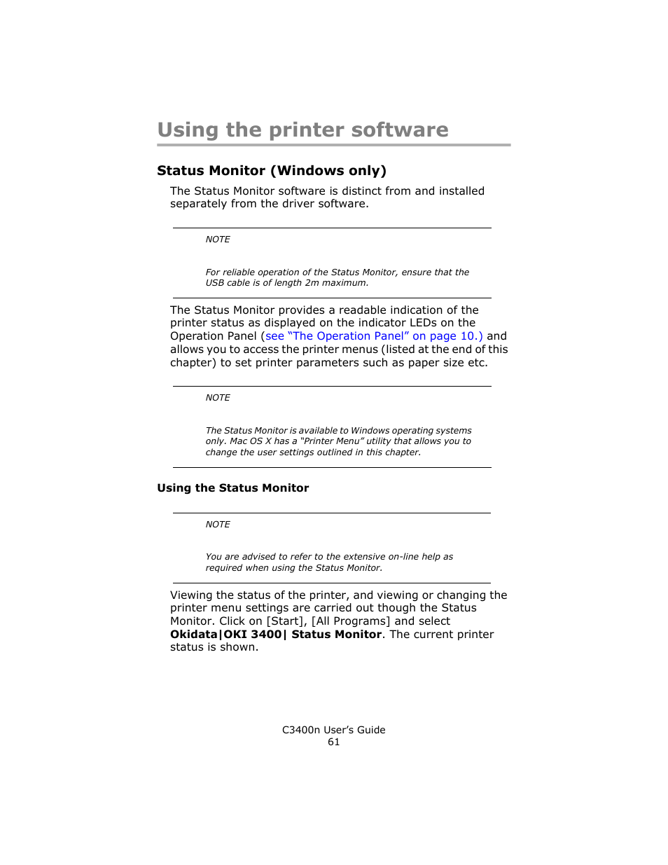 Using the printer software, Status monitor (windows only), Using the status monitor | Oki C 3400n User Manual | Page 61 / 144