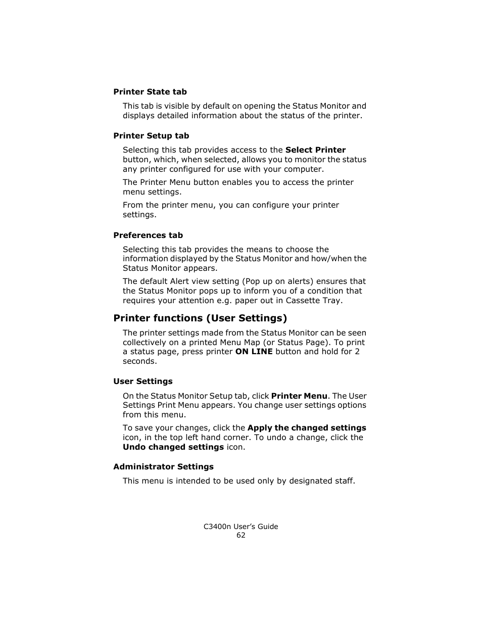 Printer state tab, Printer setup tab, Preferences tab | Printer functions (user settings), User settings | Oki C 3400n User Manual | Page 62 / 144