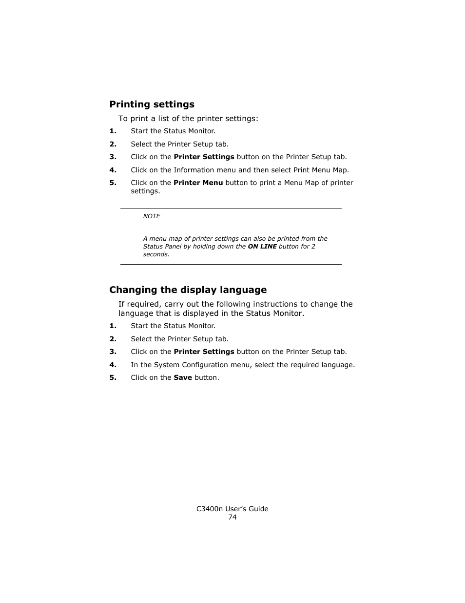 Printing settings, Changing the display language, Printing settings changing the display language | Oki C 3400n User Manual | Page 74 / 144