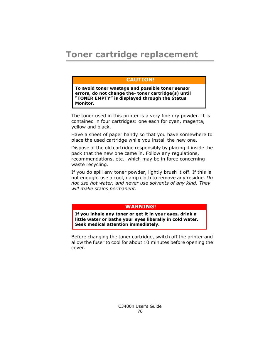 Toner cartridge replacement | Oki C 3400n User Manual | Page 76 / 144