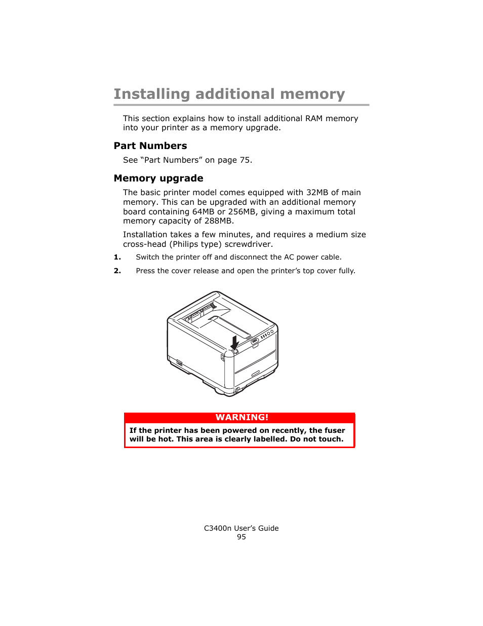 Installing additional memory, Part numbers, Memory upgrade | Part numbers memory upgrade | Oki C 3400n User Manual | Page 95 / 144