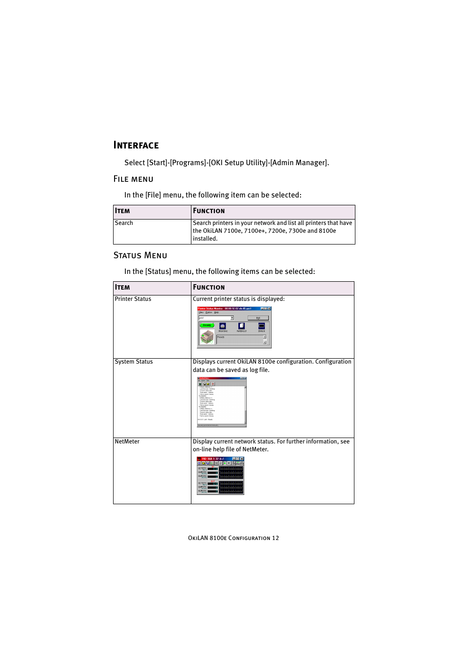 Interface, File menu, Status menu | File menu status menu | Oki 8100e User Manual | Page 12 / 106