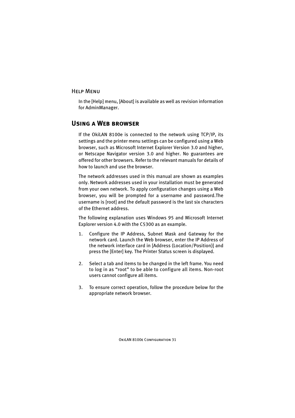 Help menu, Using a web browser | Oki 8100e User Manual | Page 31 / 106