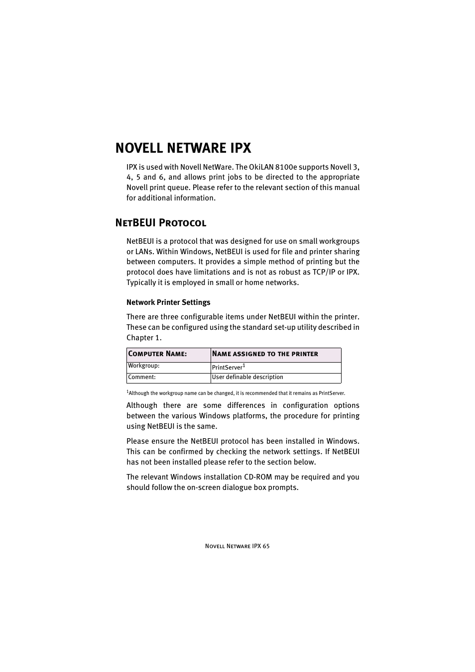 Novell netware ipx, Netbeui protocol | Oki 8100e User Manual | Page 65 / 106