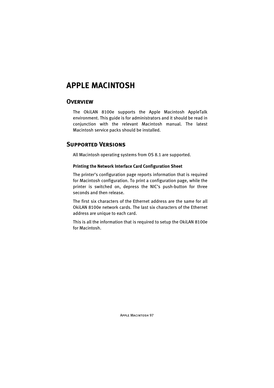 Apple macintosh, Overview, Supported versions | Overview supported versions | Oki 8100e User Manual | Page 97 / 106