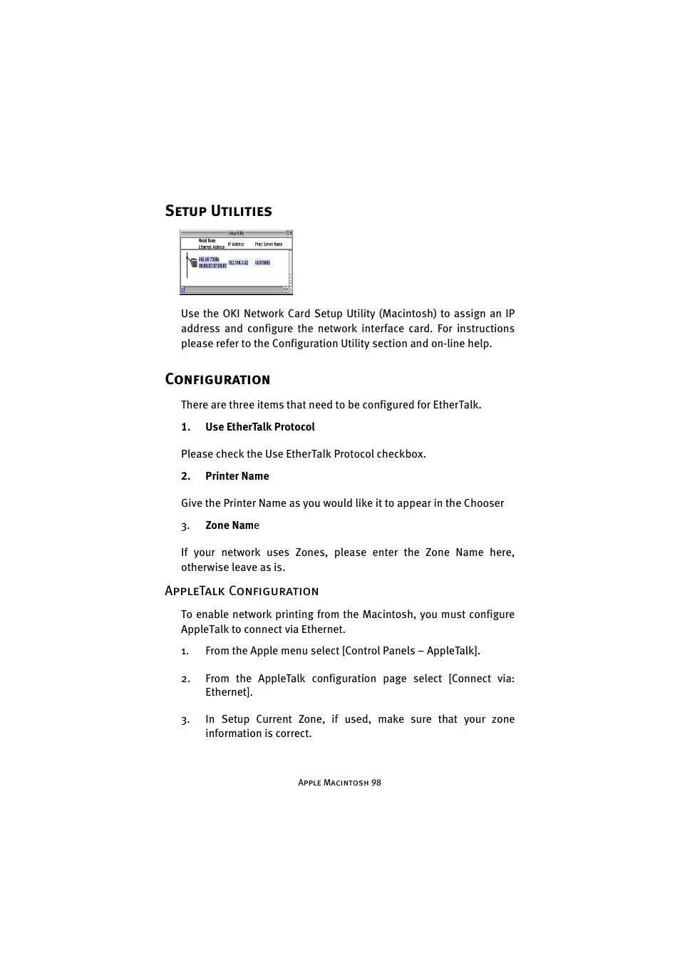 Setup utilities, Configuration, Appletalk configuration | Setup utilities configuration | Oki 8100e User Manual | Page 98 / 106