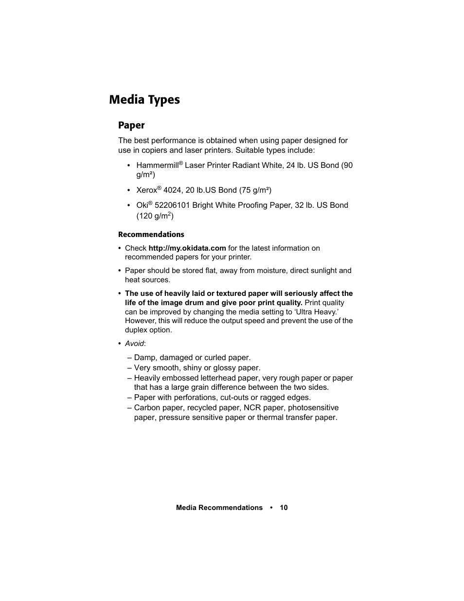 Media types, Paper, Media types 10 | Oki C 5400n User Manual | Page 12 / 328