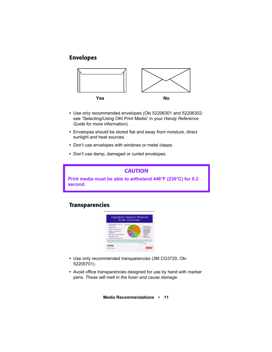 Envelopes, Transparencies, Envelopes 11 | Oki C 5400n User Manual | Page 13 / 328