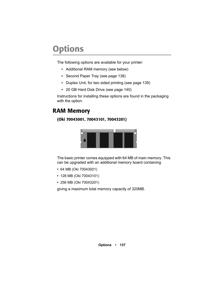 Options, Ram memory | Oki C 5400n User Manual | Page 139 / 328