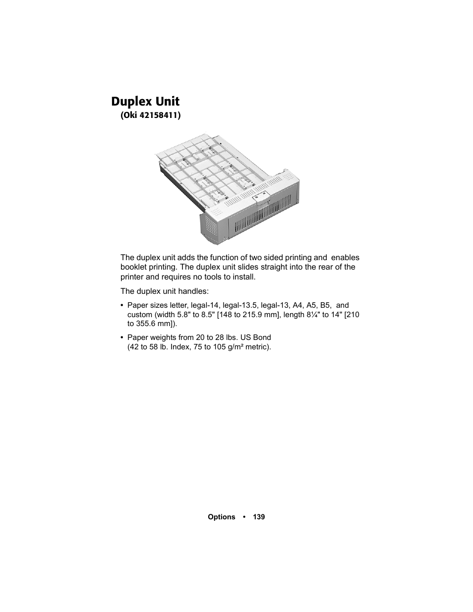 Duplex unit, Duplex unit 139 | Oki C 5400n User Manual | Page 141 / 328