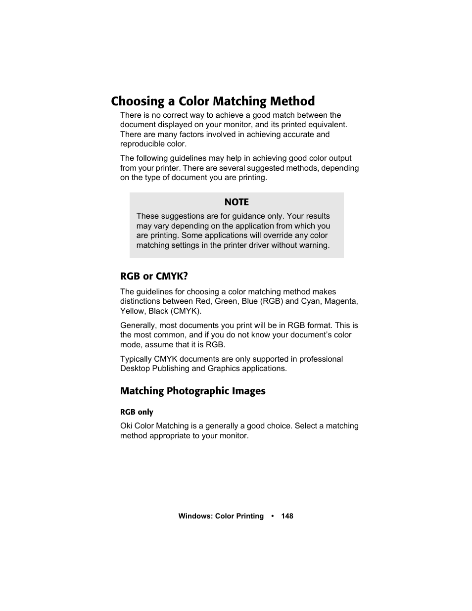 Choosing a color matching method, Rgb or cmyk, Matching photographic images | Choosing a color matching method 148, Rgb or cmyk? matching photographic images | Oki C 5400n User Manual | Page 150 / 328