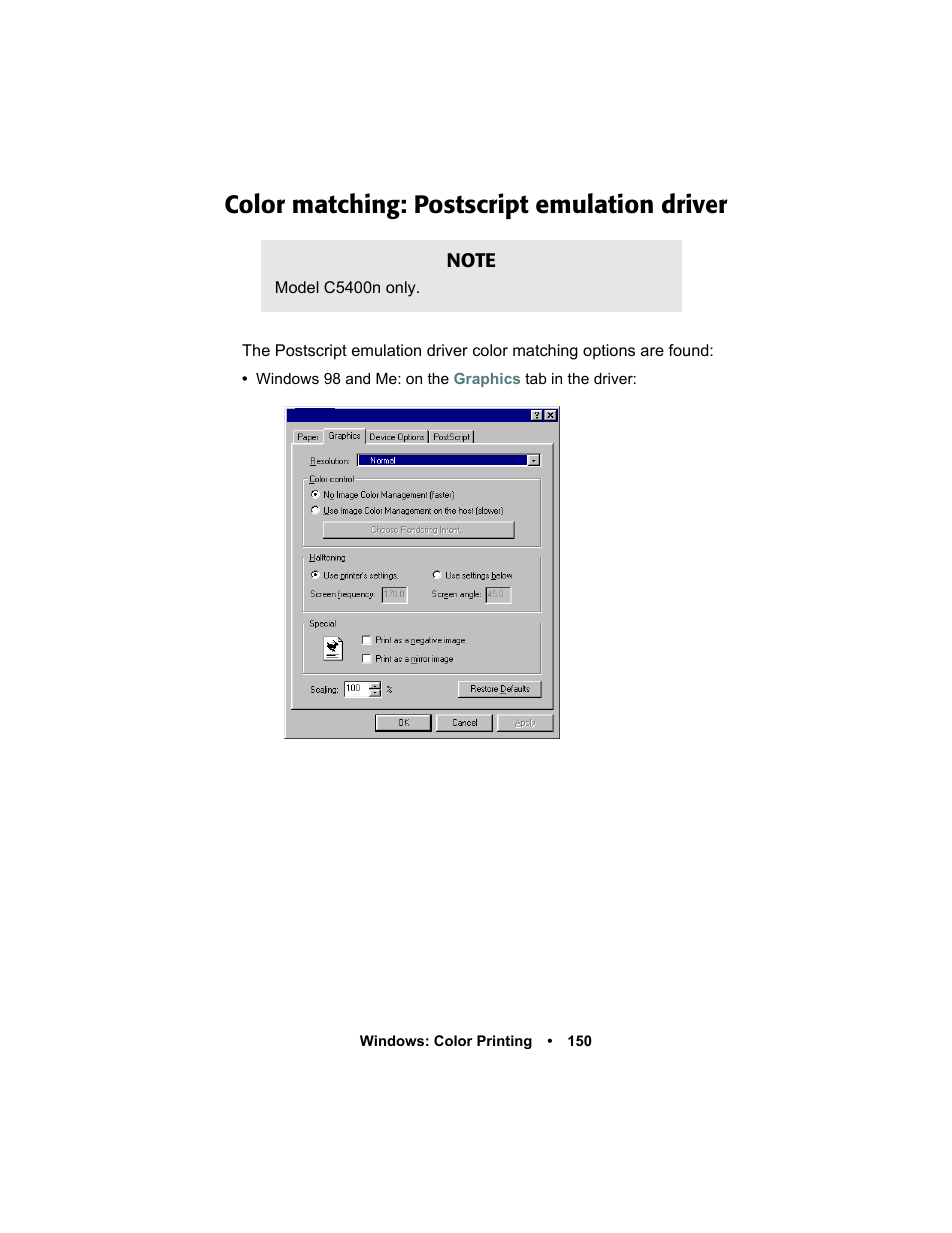 Color matching: postscript emulation driver, Color matching: postscript emulation driver 150 | Oki C 5400n User Manual | Page 152 / 328