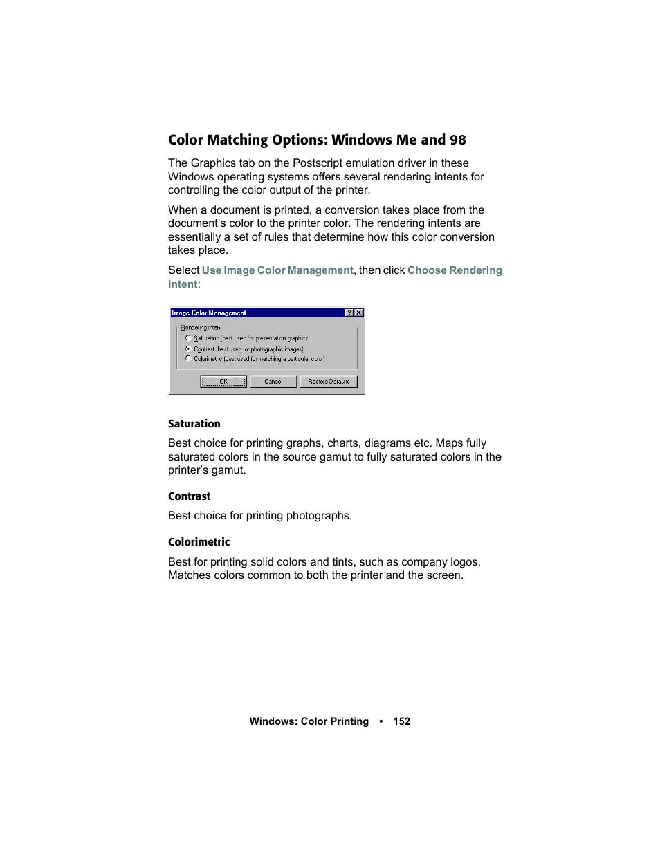 Color matching options: windows me and 98, Color matching options: windows me and 98 152 | Oki C 5400n User Manual | Page 154 / 328