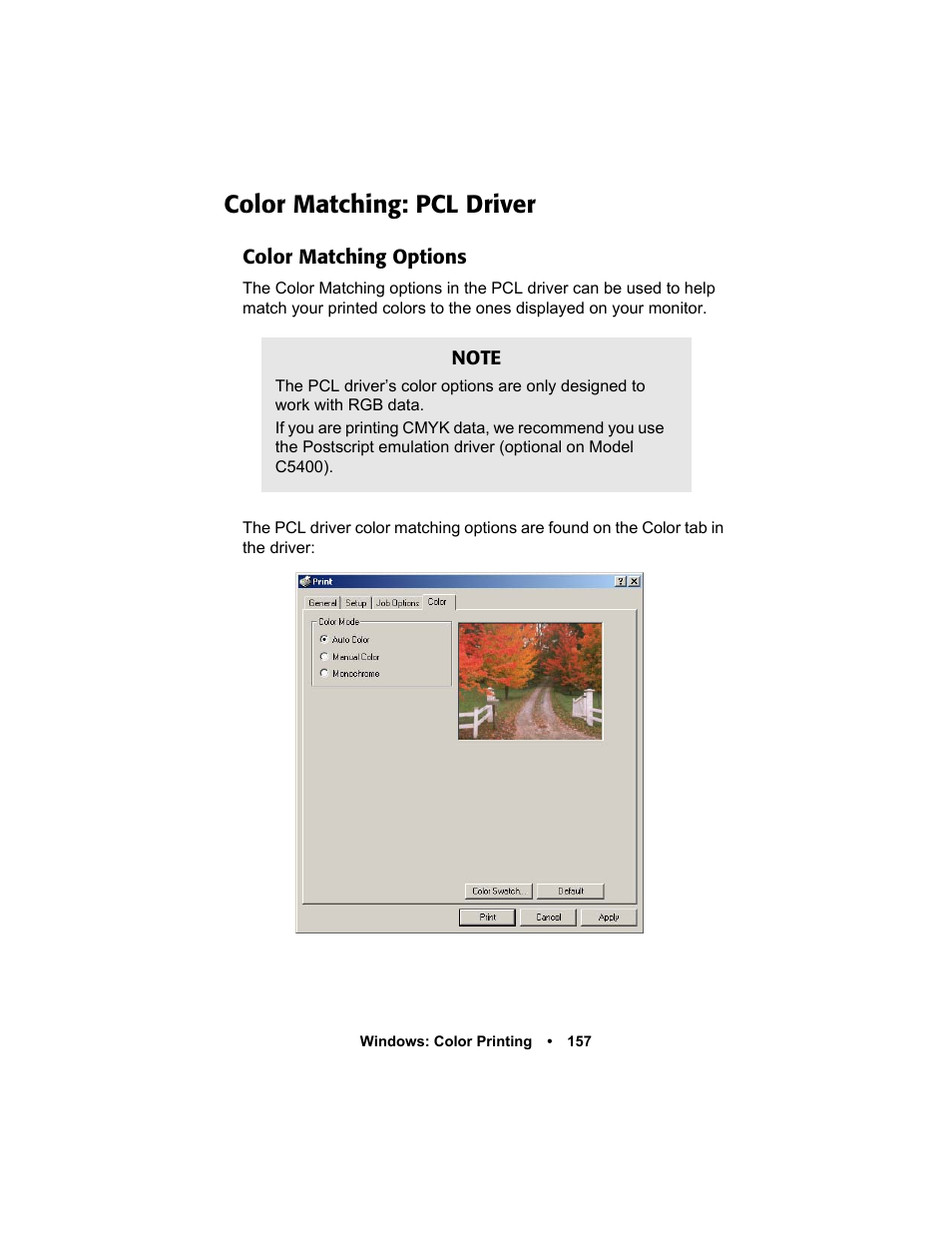 Color matching: pcl driver, Color matching options | Oki C 5400n User Manual | Page 159 / 328