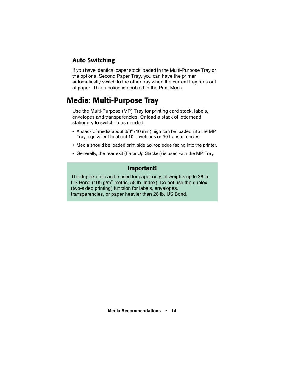 Auto switching, Media: multi-purpose tray, Auto switching 14 | Oki C 5400n User Manual | Page 16 / 328